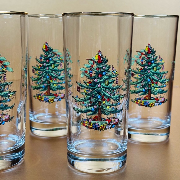 Set of 4 Spode Christmas Tree🎄Highball Water Glasses Gold Rimmed 6" Tumbler - Picture 2 of 7